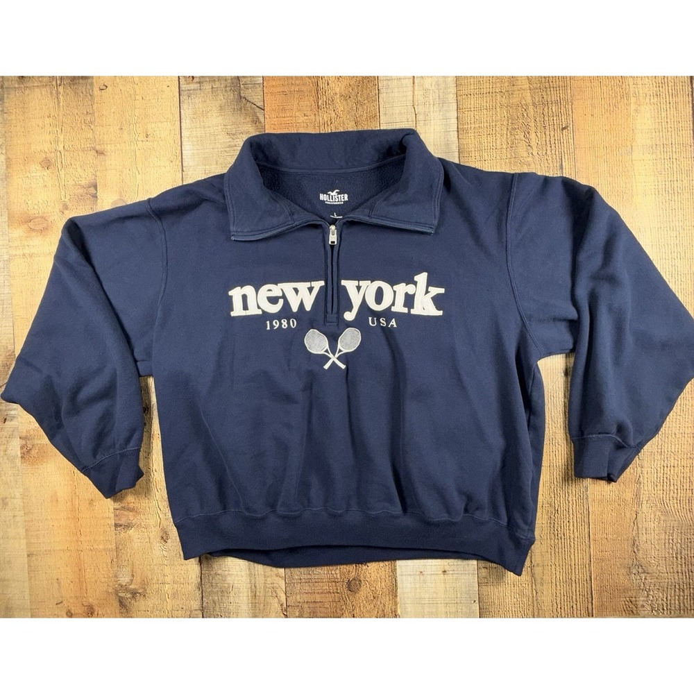 Hollister New York Tennis Quarter Zip Sweatshir Women's L Navy Y2K Preppy